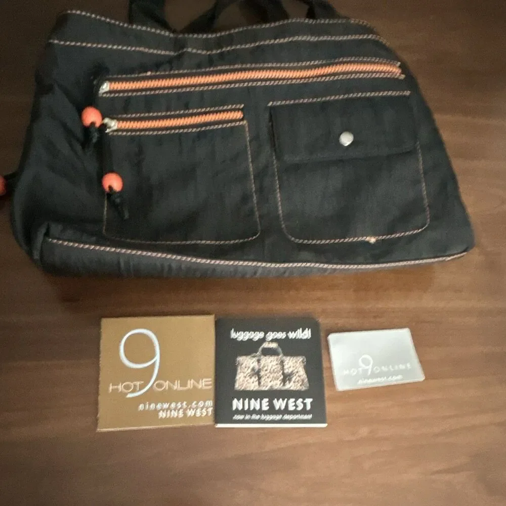 Nine West Black Satchel Top Handle Bag Orange Lining Zip Snap New with Tag